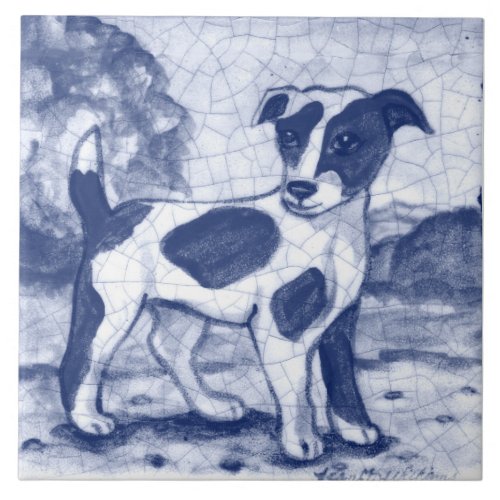 Rustic Jack Russell Terrier Dog Blue Delft Dedham Ceramic Tile