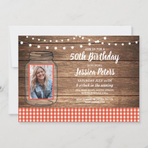 Rustic Jar Birthday Party Wood Red Gingham Photo Invitation