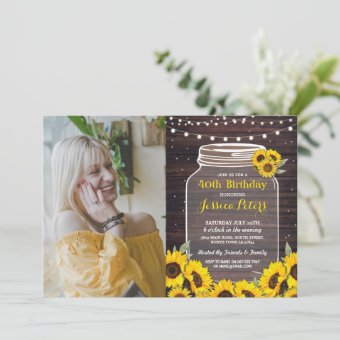 Rustic Jar Birthday Party Wood Sunflower Photo Invitation | Zazzle