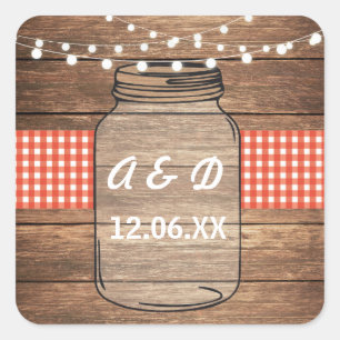 Rustic Jar Initials Lights Red Gingham Label