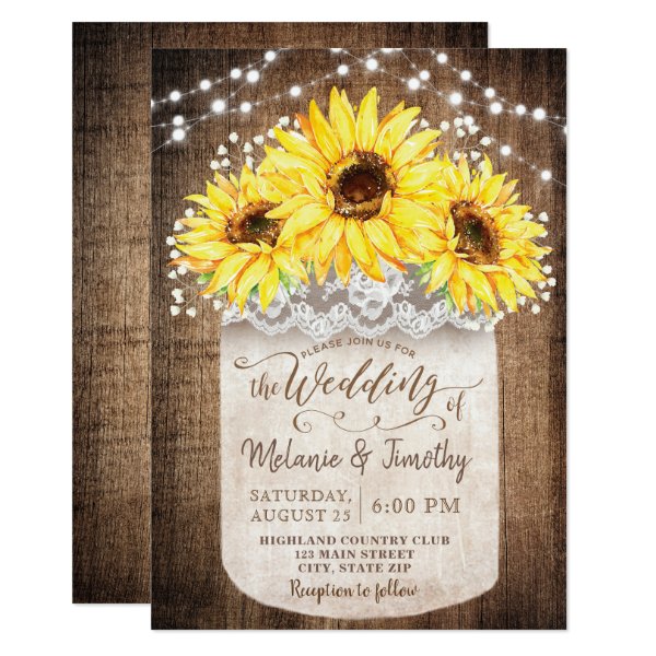 256383695474782505 Rustic Jar Sunflower Wood Wedding Invitations