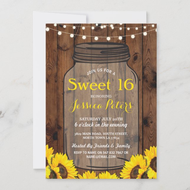 Rustic Jar Sweet 16 Party Wood Sunflower Invite (Front)