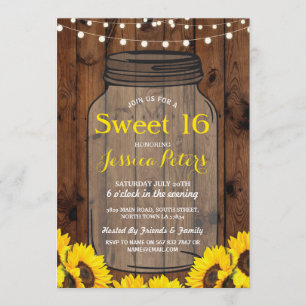 Rustic Jar Sweet 16 Party Wood Sunflower Invite