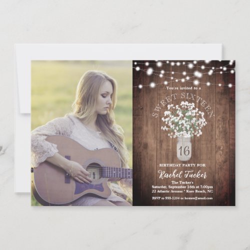 Rustic Jar Vase  Lights Sweet 16 Birthday Photo Invitation