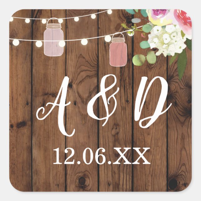 Rustic Jars Floral Initials Lights Stickers Label (Front)