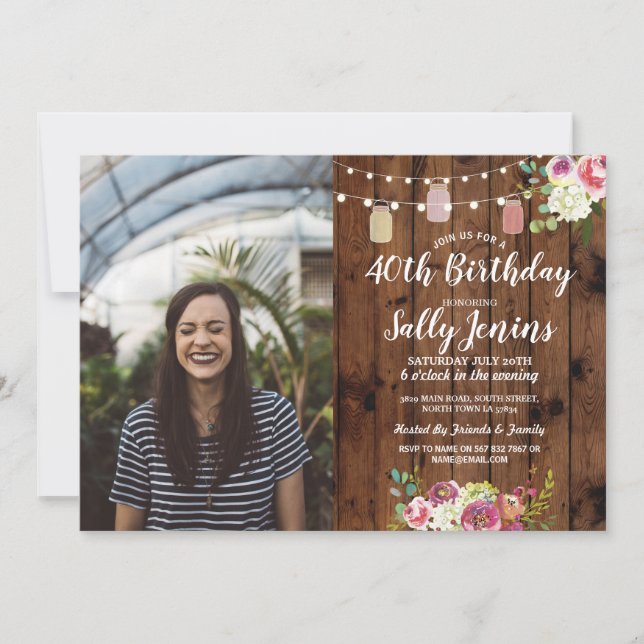 Rustic Jars Photo Birthday Party Wood Floral Invitation (Front)