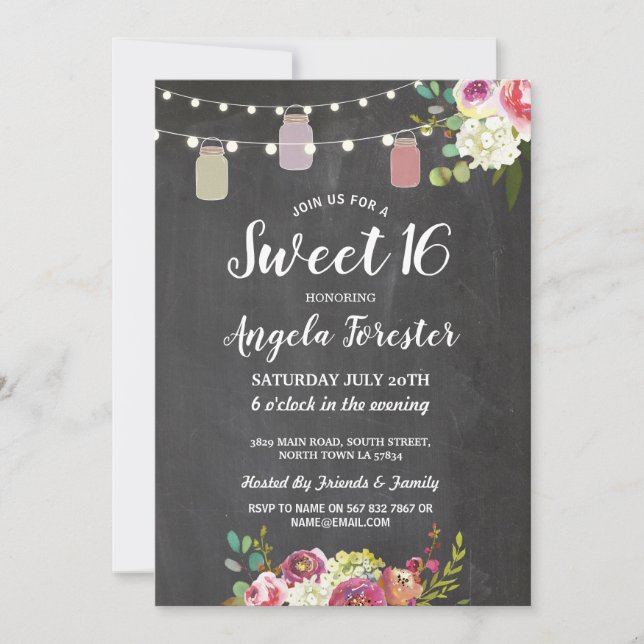 Rustic Jars Sweet 16 Party Chalk Floral Lights Invitation (Front)