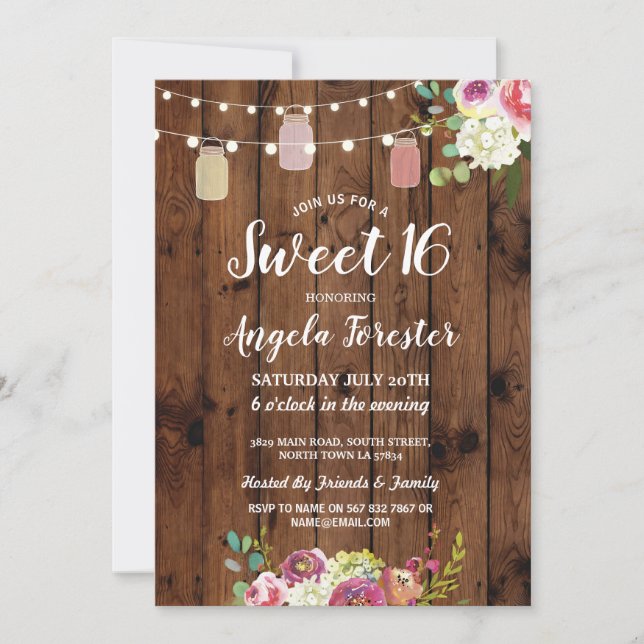 Rustic Jars Sweet 16 Party Wood Floral Lights Invitation (Front)