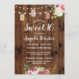 Rustic Jars Sweet 16 Party Wood Floral Lights Invitation