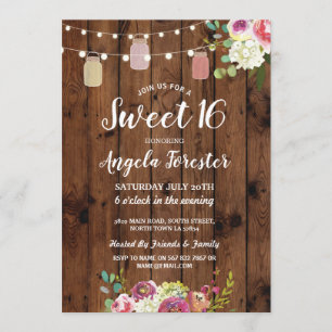 Rustic Jars Sweet 16 Party Wood Floral Lights Invitation