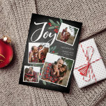 Rustic Joy | Christmas Photo Collage Holiday Card<br><div class="desc">Our beautiful rustic chic holiday photo card features four of your favorite square family photos in a collage layout. "Joy" appears at the top in white hand lettered brush script typography on a chalkboard background accented with green watercolor leaves and red holly berries. Customize with your family name and individual...</div>