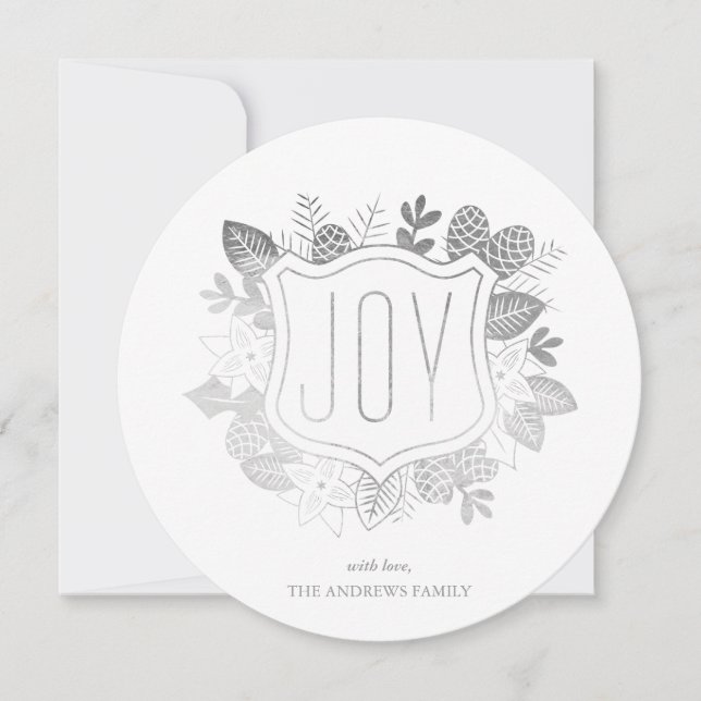 Rustic Joy Round Faux Silver Foil Holiday Card (Front)