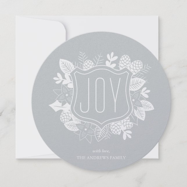 Rustic Joy Round Shimmer Silver Holiday Card (Front)