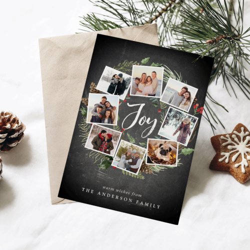 Rustic Joy Wreath  Multi Photo Collage Christmas Holiday Card
