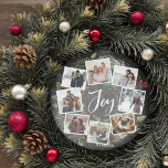 Rustic Joy Wreath | Photo Collage Christmas Holiday Card<br><div class="desc">A festive holiday card design in a unique round shape that features eight of your favorite photos arranged in a round wreath design accented by green watercolor foliage, pine cones and red holly berries on a chalkboard background. "Joy" appears in the center in white hand lettered brush script typography. Personalize...</div>