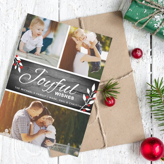 Rustic Joyful Wishes Photo Collage Holiday Card (Rustic Joyful Wishes Photo Collage Holiday Card)