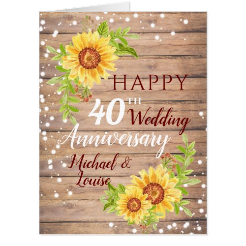 Rustic Jumbo 40th Wedding Anniversary Sunflower  Card