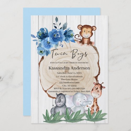 Rustic Jungle Animal Blue Floral Twins Baby Shower Invitation