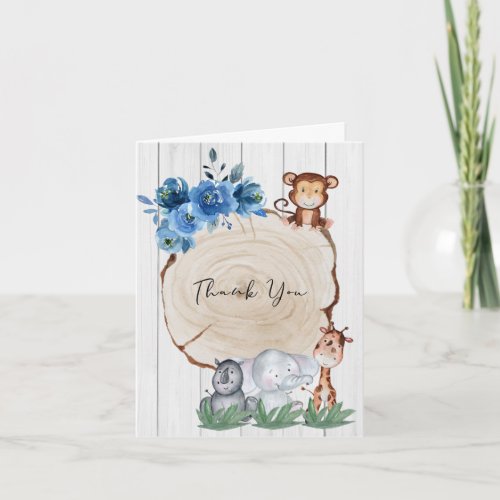Rustic Jungle Animals Blue Floral Thank You Card