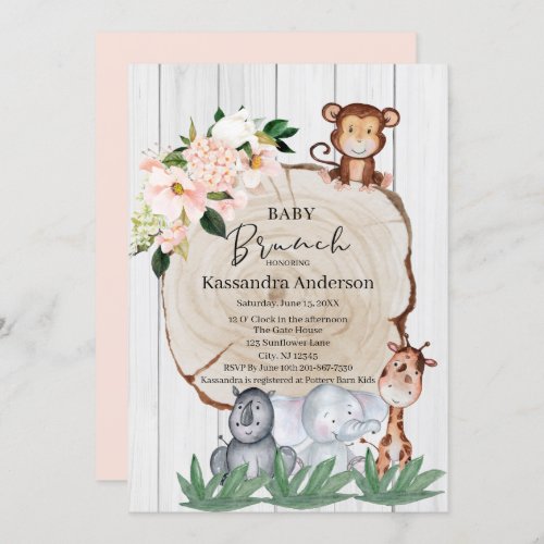 Rustic Jungle Animals Blush Floral Baby Brunch Invitation