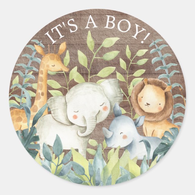 Rustic Jungle Animals It' a Boy Favor Sticker (Front)