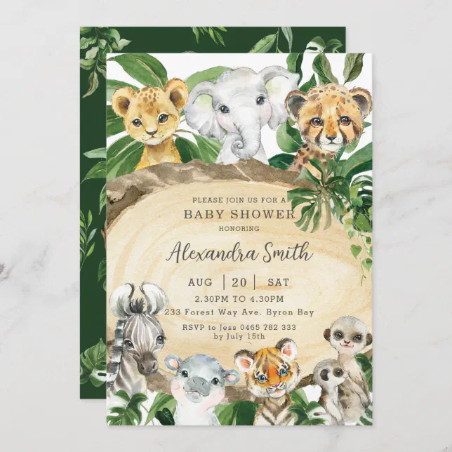 Rustic Jungle Animals Wood Greenery Baby Shower Invitation | Zazzle