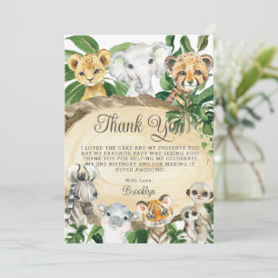 Rustic Jungle Animals Wood Greenery Birthday Party Thank You Card