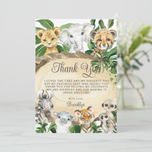 Rustic Jungle Animals Wood Greenery Birthday Party Thank You Card