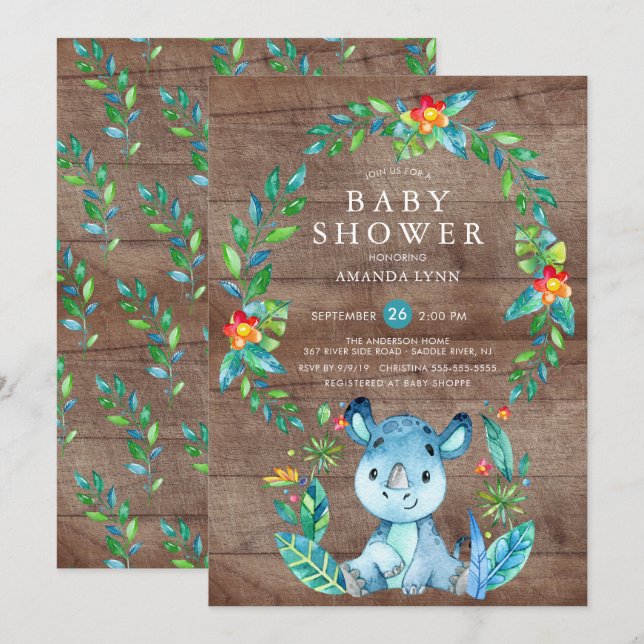 Rustic Jungle Blue Rhinoceros Boy Baby Shower Invitation (Front/Back)