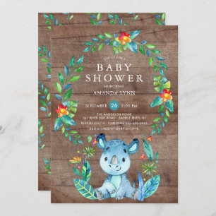 Rustic Jungle Blue Rhinoceros Boy Baby Shower Invitation