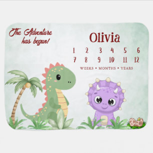 Rustic Jungle Cute Baby Dinosaurs Navy Milestone Baby Blanket