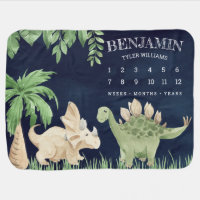 Rustic Jungle Cute Baby Dinosaurs Navy Milestone Baby Blanket