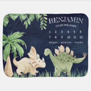 Rustic Jungle Cute Baby Dinosaurs Navy Milestone Baby Blanket by ShabzDesigns at Zazzle