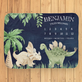 Rustic Jungle Cute Baby Dinosaurs Navy Milestone Baby Blanket