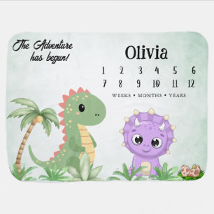 Rustic Jungle Cute Baby Dinosaurs Navy Milestone Blanket