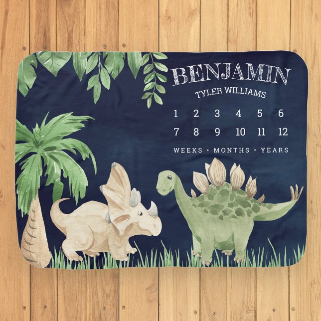 Rustic Jungle Cute Baby Dinosaurs Navy Milestone Blanket (Creator Uploaded)