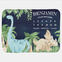 Rustic Jungle Cute Dinosaurs Navy Blue Milestone Baby Blanket