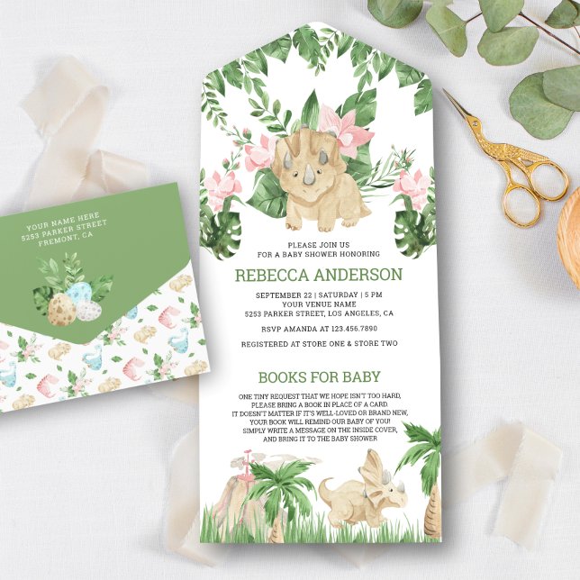 Rustic Jungle Cute Floral Dinosaur Baby Shower All In One Invitation