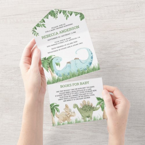 Rustic Jungle Cute Sleeping Dinosaur Baby Shower All In One Invitation