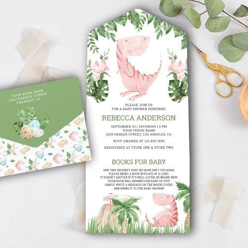 Rustic Jungle Floral Pink Dinosaur Baby Shower All In One Invitation