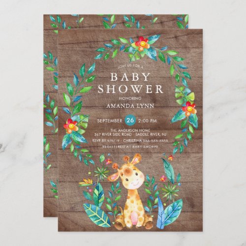 Rustic Jungle Giraffe Boy Baby Shower Invitation