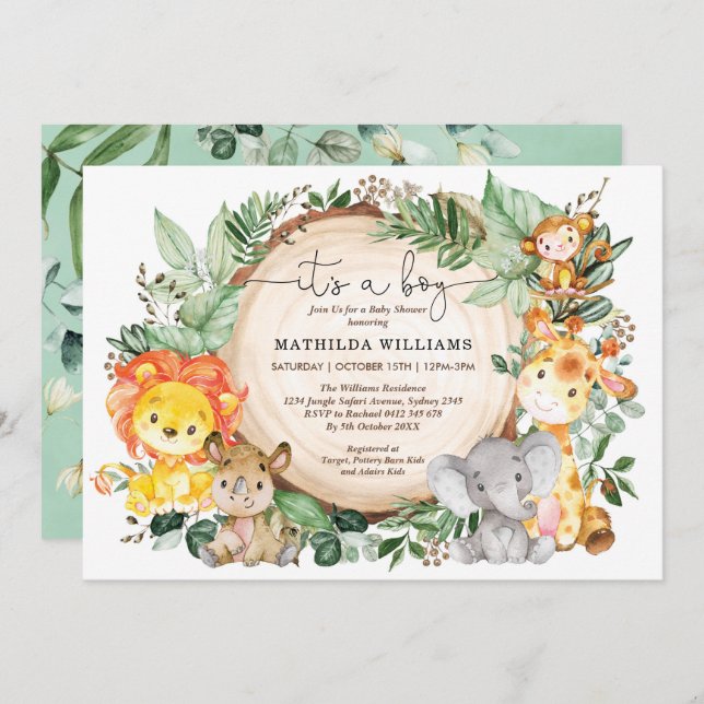 Rustic Jungle Greenery Wild Animals Baby Shower Invitation (Front/Back)