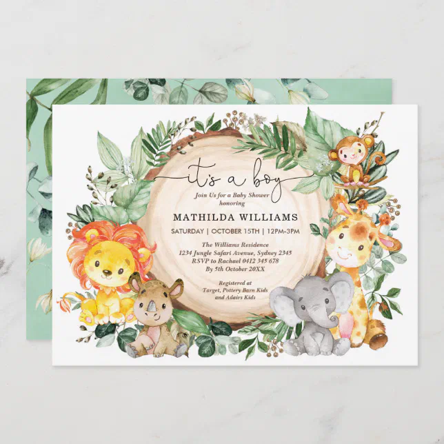 Rustic Jungle Greenery Wild Animals Baby Shower Invitation | Zazzle