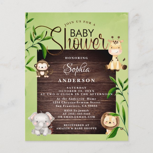 Rustic Jungle Safari Animals Greenery baby Shower  (Front)