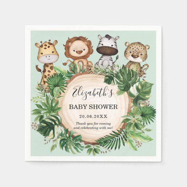 Rustic Jungle Safari Animals Greenery Baby Shower Napkins (Front)