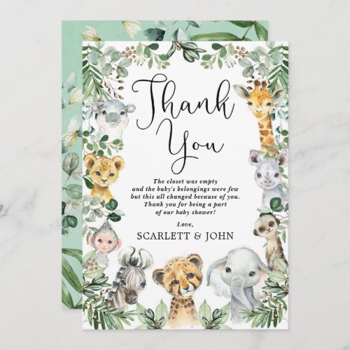 Rustic Jungle Safari Animals Greenery Baby Shower Thank You Card