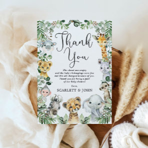 Rustic Jungle Safari Animals Greenery Baby Shower Thank You Card