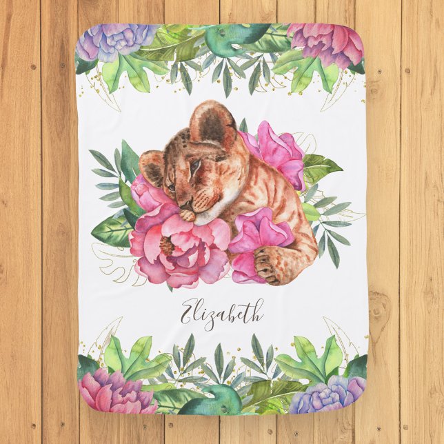 Rustic Jungle Safari Cute Floral Lion Cub Baby Blanket (Creator Uploaded)