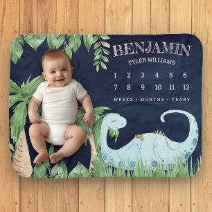 Rustic Jungle Sleeping Dinosaur Navy Milestone Baby Blanket