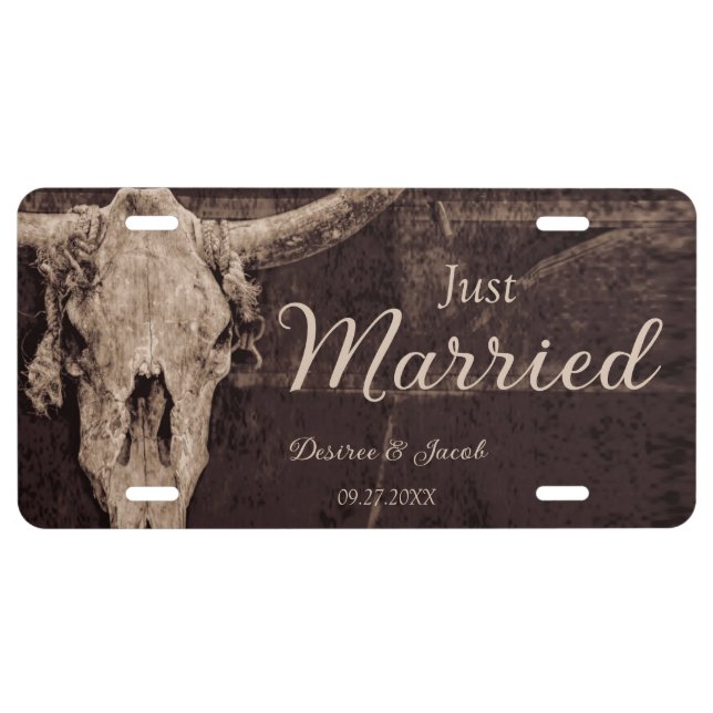 Rustic Just Married Bull Skull Country Western License Plate (Front)